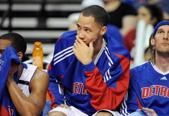AUBURN HILLS, MI - APRIL 26:  (L-R) Arron Afflalo #28, Tayshaun Prince #22 and Walter Herrmann #5 of the Detroit Pistons sit on the bench in Game Four of the Eastern Conference Quarterfinals against the Cleveland Cavaliers during the 2009 NBA Playoffs at the Palace of Auburn Hills on April 26, 2009 in Auburn Hills, Michigan.  The Cavaliers won 99-78.  NOTE TO USER: User expressly acknowledges and agrees that, by downloading and or using this photograph, User is consenting to the terms and conditions of the Getty Images License Agreement.  (Photo by Gregory Shamus/Getty Images)