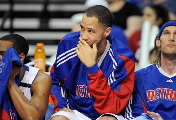AUBURN HILLS, MI - APRIL 26:  (L-R) Arron Afflalo #28, Tayshaun Prince #22 and Walter Herrmann #5 of the Detroit Pistons sit on the bench in Game Four of the Eastern Conference Quarterfinals against the Cleveland Cavaliers during the 2009 NBA Playoffs at the Palace of Auburn Hills on April 26, 2009 in Auburn Hills, Michigan.  The Cavaliers won 99-78.  NOTE TO USER: User expressly acknowledges and agrees that, by downloading and or using this photograph, User is consenting to the terms and conditions of the Getty Images License Agreement.  (Photo by Gregory Shamus/Getty Images)