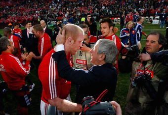 JOHANNESBURG, SOUTH AFRICA - JULY 04:  Lions captain Paul O' Connell is congratulated by coach Ian McGeechan after the Third Test match between South Africa and The British and Irish Lions at Ellis Park Stadium on July 4, 2009 in Johannesburg, South Africa.  (Photo by Stu Forster/Getty Images)
