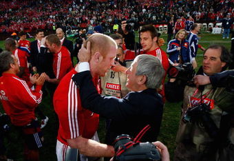 JOHANNESBURG, SOUTH AFRICA - JULY 04:  Lions captain Paul O' Connell is congratulated by coach Ian McGeechan after the Third Test match between South Africa and The British and Irish Lions at Ellis Park Stadium on July 4, 2009 in Johannesburg, South Africa.  (Photo by Stu Forster/Getty Images)