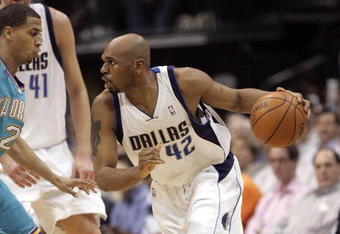 DALLAS - APRIL 25: Jerry Stackhouse #42 of the Dallas Mavericks drives against Jannero Pargo #2 of the New Orleans Hornets in Game Three of the Western Conference Quarterfinals during the 2008 NBA Playoffs at the American Airlines Center on April 25, 2008 in Dallas, Texas.  (Photo by Layne Murdoch/Getty Images)