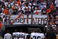 DENVER - SEPTEMBER 16:  The Oakland Raiders leave the field under a banner expressing the fans sentiments as the Denver Broncos defeated the Oakland Raiders 23-20 in overtime during week two NFL action at Invesco Field at Mile High on September 16, 2007 in Denver, Colorado.  (Photo by Doug Pensinger/Getty Images)