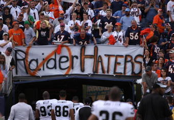 DENVER - SEPTEMBER 16:  The Oakland Raiders leave the field under a banner expressing the fans sentiments as the Denver Broncos defeated the Oakland Raiders 23-20 in overtime during week two NFL action at Invesco Field at Mile High on September 16, 2007 in Denver, Colorado.  (Photo by Doug Pensinger/Getty Images)