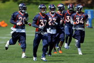 ENGLEWOOD, CO - MAY 03:  Safety Brian Dawkins #20 and the defensive backs participate in practice during Denver Broncos Minicamp at the Broncos training facility on May 3, 2009 in Englewood, Colorado.  (Photo by Doug Pensinger/Getty Images)
