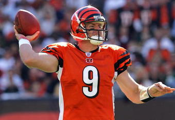 CINCINNATI, OH - OCTOBER 30:  Quarterback Carson Palmer #9 of the Cincinnati Bengals looks to pass the ball against the Green Bay Packers during the NFL game at Paul Brown Stadium on October 30, 2005 in Cincinnati, Ohio. The Bengals defeated the Packers 21-14.  (Photo by Andy Lyons/Getty Images)