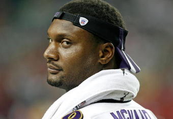 ATLANTA - AUGUST 31:  Quarterback Steve McNair #9 of the Baltimore Ravens watches the action from the sidelines since he did not play in the first half of the NFL preseason game at the Georgia Dome August 31, 2007 in Atlanta, Georgia.  (Photo by Mike Zarrilli/Getty Images)
