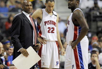 AUBURN HILLS, MI - APRIL 26: Head coach Michael Curry of the Detroit Pistons talks with Tayshaun Prince #22 and Jason Maxiell #54 while playing the Cleveland Cavaliers in Game Four of the Eastern Conference Quarterfinals during the 2009 NBA Playoffs at the Palace of Auburn Hills on April 26, 2009 in Auburn Hills, Michigan. Cleveland won the game 99-78 to win the series 4-0. NOTE TO USER: User expressly acknowledges and agrees that, by downloading and or using this photograph, User is consenting to the terms and conditions of the Getty Images License Agreement.  (Photo by Gregory Shamus/Getty Images)