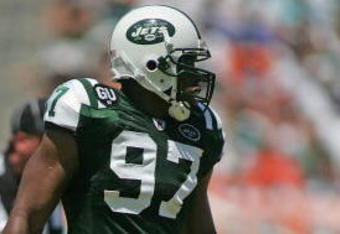 MIAMI - SEPTEMBER 07:  Calvin Pace #97 of the New York Jets lines up on defense against the Miami Dolphins at Dolphin Stadium on September 7, 2008 in Miami, Florida. The Jets won 20-14.  (Photo by Marc Serota/Getty Images)