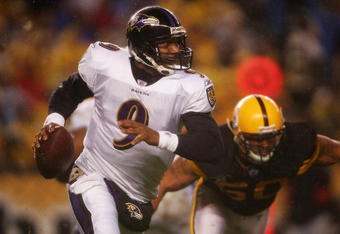 PITTSBURGH - NOVEMBER 05:  Steve McNair #9 of the Baltimore Ravens looks to pass against the Pittsburgh Steelers on November 5, 2007 at Heinz Field in Pittsburgh, Pennsylvania.  (Photo by Chris McGrath/Getty Images)  