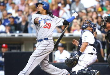 SAN DIEGO - JULY 3:  Manny Ramirez #99 of the Los Angeles Dodgers hits a foul ball while at bat in the first inning against the San Diego Padres during the game on July 3, 2009 at Petco Park in San Diego, California. Ramirez walked against pitcher Chad Gaudin #49 of the San Diego Padres in his first at bat since returning from a 50-game suspension. (Photo by Jeff Gross/Getty Images)