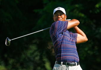BETHESDA, MD - JULY 03:  Tiger Woods watches his tee shot on the 16th hole during the second round of the AT&T National at the Congressional Country Club on July 3, 2009 in Bethesda, Maryland.  (Photo by Scott Halleran/Getty Images)