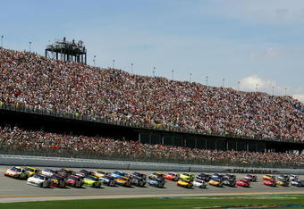 TALLADEGA, AL - APRIL 26:  Juan Pablo Montoya, driver of the #42 Tums Dual Action Chevrolet, leads the field to the green flag during the NASCAR Sprint Cup Series Aaron's 499 at Talladega Superspeedway on April 26, 2009 in Talladega, Alabama.  (Photo by Todd Warshaw/Getty Images)