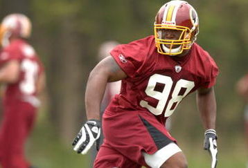 ASHBURN, VA - MAY 1:  Brian Orakpo #98, the Washington Redskins first round draft pick, runs through drills during minicamp on May 1, 2009 at Redskins Park in Ashurn, Virginia.   (Photo by Mitchell Layton/Getty Images)