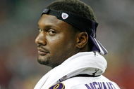 ATLANTA - AUGUST 31:  Quarterback Steve McNair #9 of the Baltimore Ravens watches the action from the sidelines since he did not play in the first half of the NFL preseason game at the Georgia Dome August 31, 2007 in Atlanta, Georgia.  (Photo by Mike Zarrilli/Getty Images)