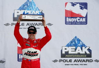 WATKINS GLEN, NY - JULY 04:  Ryan Briscoe driver of the #6 Team Penske Dallara Honda celebrates Pole Position for the IRL IndyCar Series Camping World Grand Prix at The Glen on July 4, 2009 at the Watkins Glen International in Watkins Glen, New York.  (Photo by Darrell Ingham/Getty Images)