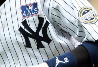 NEW YORK - JULY 04: The ALS badge is seen on the jersey of Derek Jeter #2 of the New York Yankees against the Toronto Blue Jays on July 4, 2009 at Yankee Stadium in the Bronx borough of New York City.  (Photo by Nick Laham/Getty Images)