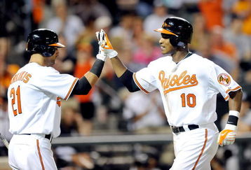 BALTIMORE - MAY 09:  Adam Jones #10 of the Baltimore Orioles is congratulated by Nick Markakis #21 after hitting a home run in the eighth inning against the New York Yankees at Oriole Park at Camden Yards on May 9, 2009 in Baltimore, Maryland.  (Photo by Greg Fiume/Getty Images)