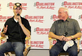 DARLINGTON, SC - APRIL 22:  NASCAR Sprint Cup driver Joey Logano and NASCAR legend Cale Yarborough speak with the media during a promotional event for the Southern 500 on April 22, 2009 at Darlington Raceway in Darlington, South Carolina.    (Photo by Rusty Jarrett/Getty Images for Darlington Raceway)