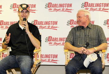 DARLINGTON, SC - APRIL 22:  NASCAR Sprint Cup driver Joey Logano and NASCAR legend Cale Yarborough speak with the media during a promotional event for the Southern 500 on April 22, 2009 at Darlington Raceway in Darlington, South Carolina.    (Photo by Rusty Jarrett/Getty Images for Darlington Raceway)