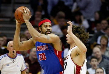 CLEVELAND - APRIL 21:  Rasheed Wallace #30 of the Detroit Pistons goes up against Anderson Varejao #17 of the Cleveland Cavaliers in Game Two of the Eastern Conference Quarterfinals during the 2009 NBA Playoffs at Quicken Loans Arena on April 21, 2009 in Cleveland, Ohio.  The Cavaliers won 94-82.  NOTE TO USER: User expressly acknowledges and agrees that, by downloading and or using this photograph, User is consenting to the terms and conditions of the Getty Images License Agreement.  (Photo by Gregory Shamus/Getty Images)