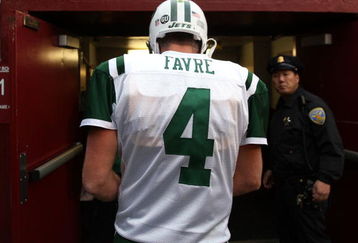 SAN FRANCISCO - DECEMBER 07:  Brett Favre #4 of the New York Jets  leaves the field after his game against the San Francisco 49ers during an NFL game on December 7, 2008 at Candlestick Park in San Francisco, California.  (Photo by Jed Jacobsohn/Getty Images)