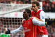 LONDON - JANUARY 12: Emmanuel Adebayor and Mathieu Flamini of Arsenal celebrate Adebayor's penalty during the Barclays Premier League match between Arsenal and Birmingham City at Emirates Stadium on January 12, 2008 in London, England.  (Photo by Clive Mason/Getty Images)