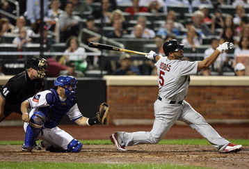 NEW YORK - JUNE 23:  Albert Pujols #5 of the St. Louis Cardinals strikes out against the New York Mets at Citi Field on June 23, 2009 in the Flushing neighborhood of the Queens borough of New York City.  (Photo by Michael Heiman/Getty Images)