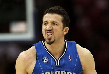 CLEVELAND - MAY 22: Hedo Turkoglu #15 of the Orlando Magic reacts between plays against the Cleveland Cavaliers in Game Two of the Eastern Conference Finals during the 2009 Playoffs at Quicken Loans Arena on May 22, 2009 in Cleveland, Ohio. NOTE TO USER: User expressly acknowledges and agrees that, by downloading and or using this photograph, User is consenting to the terms and conditions of the Getty Images License Agreement  (Photo by Elsa/Getty Images)