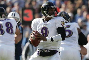 NASHVILLE, TN - NOVEMBER 12:  Steve McNair #9 of the Baltimore Ravens passes against the Tennessee Titans on November 12, 2006 at LP Field in Nashville, Tennessee.  The Ravens won 27-26.  (Photo by Andy Lyons/Getty Images)
