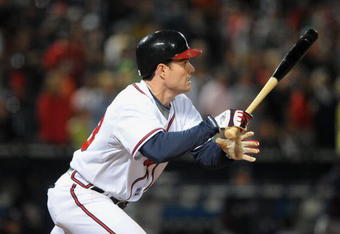 ATLANTA - APRIL 10: Outfielder Matt Diaz #23 of the Atlanta Braves bats against the Washington Nationals April 10, 2009 in Atlanta, Georgia.  (Photo by Al Messerschmidt/Getty Images) 
