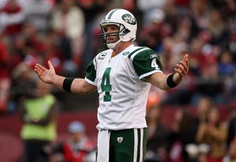 SAN FRANCISCO - DECEMBER 07:  Brett Favre #4 of the New York Jets  looks on against the San Francisco 49ers during an NFL game on December 7, 2008 at Candlestick Park in San Francisco, California.  (Photo by Jed Jacobsohn/Getty Images)