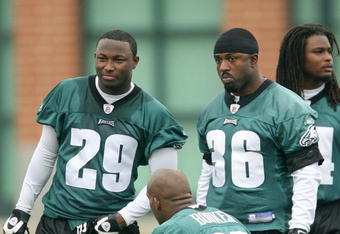 PHILADELPHIA - MAY 1: Running back Brian Westbrook #36 (R) stands on the sideline with second round draft pick running back LeSean McCoy #29 of the Philadelphia Eagles during minicamp at the NovaCare Complex on May 1, 2009 in Philadelphia, Pennsylvania. (Photo by Hunter Martin/Getty Images)