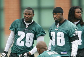 PHILADELPHIA - MAY 1: Running back Brian Westbrook #36 (R) stands on the sideline with second round draft pick running back LeSean McCoy #29 of the Philadelphia Eagles during minicamp at the NovaCare Complex on May 1, 2009 in Philadelphia, Pennsylvania. (Photo by Hunter Martin/Getty Images)
