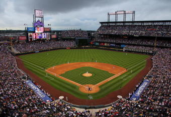 DENVER - JULY 04:  A general view of the stadium as the Arizona Diamondbacks face the Colorado Rockies during MLB action at Coors Field on July 4, 2009 in Denver, Colorado.  (Photo by Doug Pensinger/Getty Images)