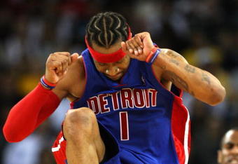 OAKLAND, CA - NOVEMBER 13: Allen Iverson #1 of the Detroit Pistons celebrates in the third quarter against the Golden State Warriors during an NBA game on November 13, 2008 at Oracle Arena in Oakland, California. NOTE TO USER: User expressly acknowledges and agrees that, by downloading and or using this photograph, User is consenting to the terms and conditions of the Getty Images License Agreement. (Photo by Jed Jacobsohn/Getty Images)