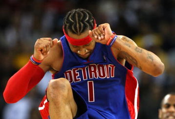 OAKLAND, CA - NOVEMBER 13: Allen Iverson #1 of the Detroit Pistons celebrates in the third quarter against the Golden State Warriors during an NBA game on November 13, 2008 at Oracle Arena in Oakland, California. NOTE TO USER: User expressly acknowledges and agrees that, by downloading and or using this photograph, User is consenting to the terms and conditions of the Getty Images License Agreement. (Photo by Jed Jacobsohn/Getty Images)