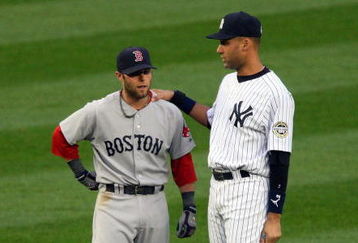 NEW YORK - MAY 05:  Derek Jeter #2 of the New York Yankees talks with Dustin Pedroia #15 of the Boston Red Sox prior to their game on May 5, 2009 at Yankee Stadium in the Bronx borough of New York City.  (Photo by Jim McIsaac/Getty Images)
