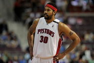 AUBURN HILLS, MI - APRIL 24:  Rasheed Wallace #30 of the Detroit Pistons looks across the court in Game Three of the Eastern Conference Quarterfinals against the Cleveland Cavaliers during the 2009 NBA Playoffs at the Palace of Auburn Hills on April 24, 2009 in Auburn Hills, Michigan.  The Cavaliers won 79-68.  NOTE TO USER: User expressly acknowledges and agrees that, by downloading and or using this photograph, User is consenting to the terms and conditions of the Getty Images License Agreement.  (Photo by Gregory Shamus/Getty Images)