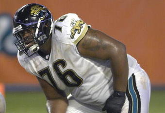 MIAMI, FL - AUGUST 11: Tackle Richard Collier #76 of the Jacksonville Jaguars sets to block against the Miami Dolphins  at Dolphin Stadium on August 11, 2007 in Miami, Florida. (Photo by Al Messerschmidt/Getty Images)