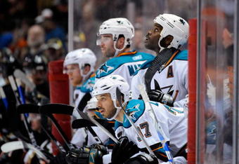 ANAHEIM, CA - APRIL 23:  Joe Pavelski #8, Patrick Marleau #12, Brad Lukowich #37 andMike Grier #25 of the San Jose Sharks look on from the bench area in the third period en route to a 4-0 loss to the Anaheim Ducks during Game Four of the Western Conference Quarterfinal Round of the 2009 Stanley Cup Playoffs at Honda Center on April 23, 2009 in Anaheim, California.  (Photo by Kevork Djansezian/Getty Images)