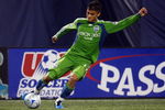 EAST RUTHERFORD, NJ - JUNE 20:  Fredy Montero #17 of the Seattle Sounders FC plays the ball against the New York Red Bulls at Giants Stadium in the Meadowlands on June 20, 2009 in East Rutherford, New Jersey.  (Photo by Mike Stobe/Getty Images for New York Red Bull)