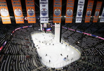 EDMONTON, AB - OCTOBER 4:  A general view shows the championship banners before the Edmonton Oilers game against the San Jose Sharks on October 4, 2007 at Rexall Place in Edmonton, Alberta, Canada. (Photo by Tim Smith/Getty Images)