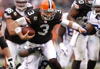 CLEVELAND - NOVEMBER 30: Derek Anderson #3 of the Cleveland Browns battles for extra yards on a second quarter run against the Indianapolis Colts on November 30, 2008 at Cleveland Browns Stadium in Cleveland, Ohio.  (Photo by Gregory Shamus/Getty Images)
