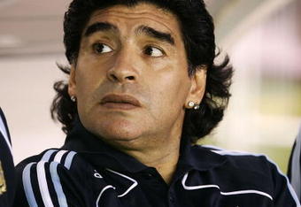 BUENOS AIRES, ARGENTINA - MARCH 28: Argentine manager Diego Maradona looks on during the 2010 FIFA World Cup South African qualifier match between Argentina and Venezuela at River Plate Stadium on March 28, 2009 in Buenos Aires, Argentina. (Photo by Photogamma/Getty Images)