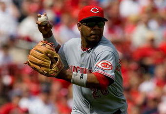 ST. LOUIS, MO - APRIL 30: Edwin Encarnacion #28 of the Cincinnati Reds throws to first base against the St. Louis Cardinals on April 30, 2008 at Busch Stadium in St. Louis, Missouri.  The Cardinals beat the Reds 5-2. (Photo by Dilip Vishwanat/Getty Images)