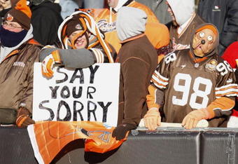 CLEVELAND - DECEMBER 21: Fans of the Cleveland Browns look on during the game against the Cincinnati Bengals at Cleveland Browns Stadium December 21, 2008 in Cleveland, Ohio. Cincinnati won the game 14-0. (Photo by Gregory Shamus/Getty Images)