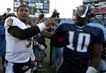 NASHVILLE, TN - NOVEMBER 12:  Steve McNair #9 of the Baltimore Ravens and Vince Young #10 of the Tennessee Titans greet each other after the Ravens defeated the Titans on November 12, 2006 at LP Field in Nashville, Tennessee.  (Photo by Andy Lyons/Getty Images)
