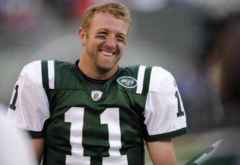 EAST RUTHERFORD, NJ - AUGUST 23:  Kellen Clemens #11 of the New York Jets smiles on the sidelines during a preseason NFL game against the New York Giants at Giants Stadium in the Meadowlands on August 23, 2008 in East Rutherford, New Jersey.  (Photo by Jeff Zelevansky/Getty Images) 