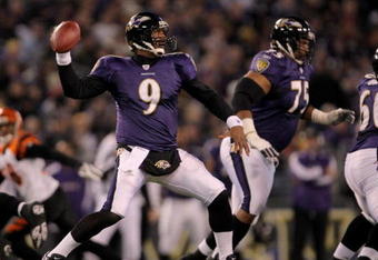 BALTIMORE - NOVEMBER 11:  Quarterback Steve McNair #9 of the Baltimore Ravens delivers a pass against the Cincinnati Bengals in the second quarter at M&T Bank Staduim November 11, 2007 in Baltimore, Maryland.  (Photo by Doug Pensinger/Getty Images)