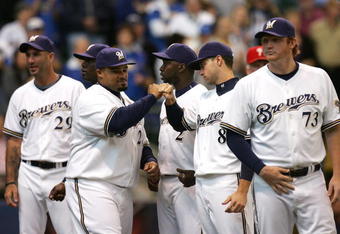 MILWAUKEE - OCTOBER 04:  Prince Fielder #28 of the Milwaukee Brewers greets Ryan Braun #8 during player introductions against the Philadelphia Phillies in Game three of the NLDS during the 2008 MLB playoffs at Miller Park on October 4, 2008 in Milwaukee, Wisconsin.  (Photo by Jim McIsaac/Getty Images)
